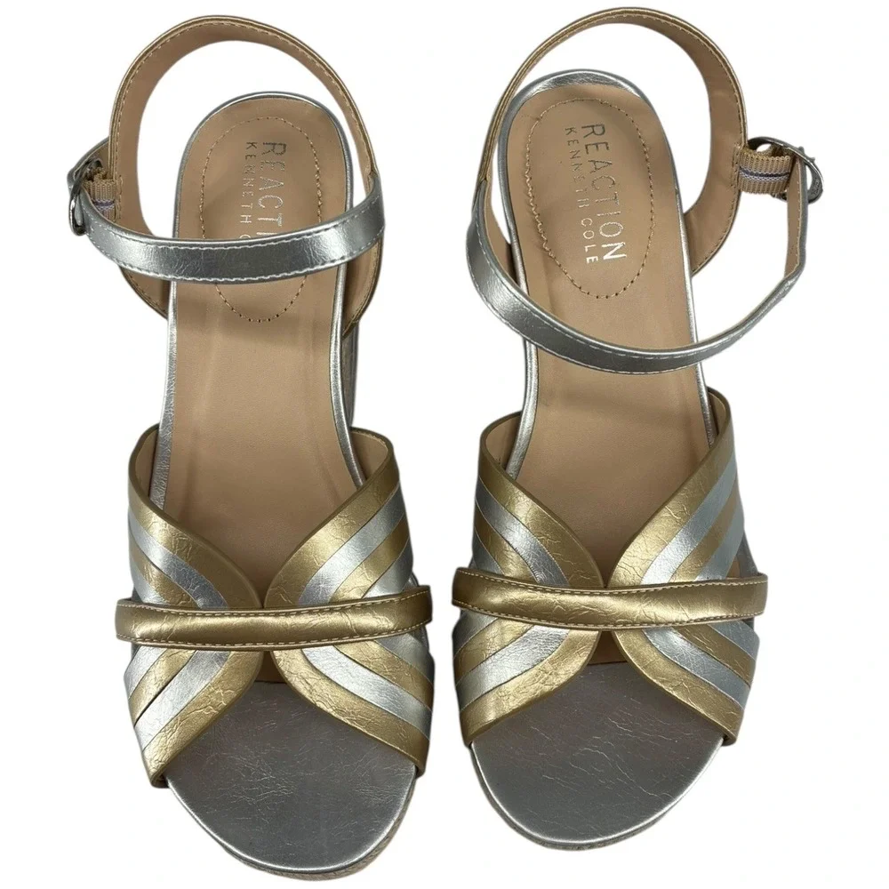 Kenneth Cole Reaction Comi Wedge Espadrille Sandals Gold Silver‎ 5.5M NIB